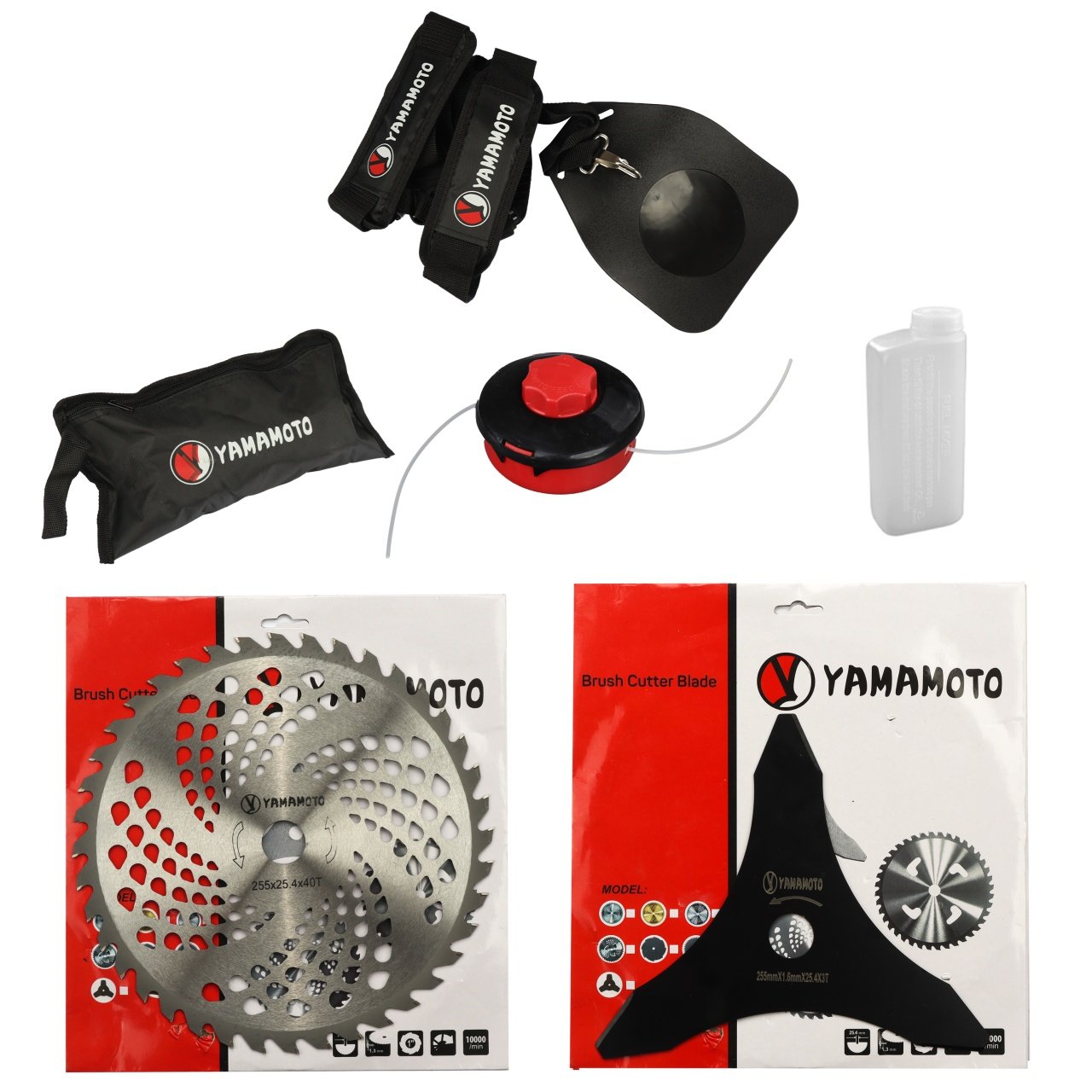 Motocoasă pe benzină YAMAMOTO YM-5600, motor 4 timpi, 5.6 CP, cap mosor și discuri incluse- set complet