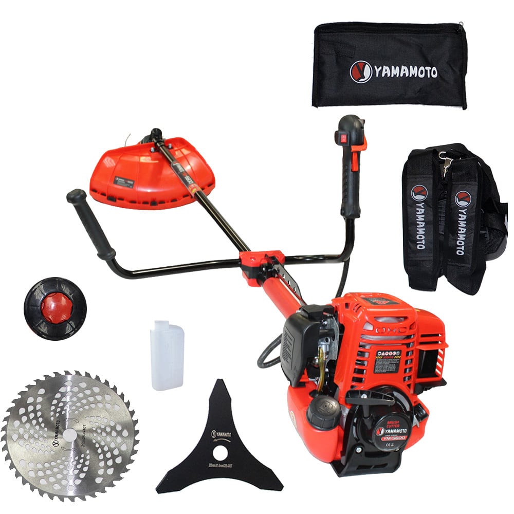 Motocoasă pe benzină YAMAMOTO YM-5600, motor 4 timpi, 5.6 CP, cap mosor și discuri incluse pachet complet.